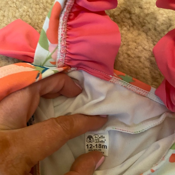 Ruffle Butts Pink and Coral Floral Swimsuit - Picture 9 of 11
